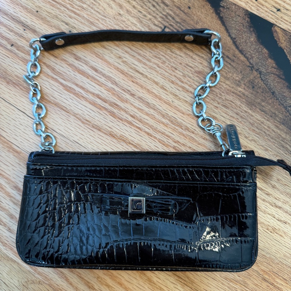 Liz Claiborne Black Embossed Clutch with Silver Chain